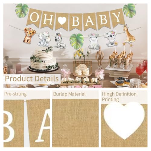 Image of Weecent Pre-Strung 6ft Burlap Oh Baby Banner for Safari Baby Shower Decorations Jungle Animals Girls Gender Reveal Party Decor