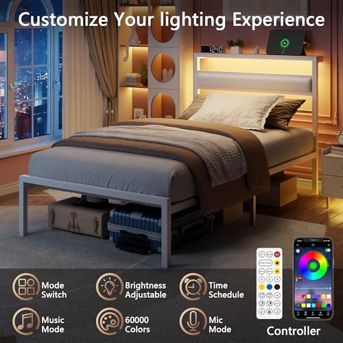 Image of OURPIC Twin Bed Frames for Kids, White Leather Twin Size Bed Frame with Charging Station & LED Lights, Metal Platform Bedframe with Upholstered Headboard and Storage Shelf, Easy Assembly