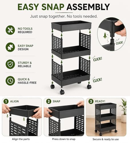Image of wall love Plastic Storage Rack Trolley with Wheels for Kitchen, Bathroom & Bedroom - Multipurpose Organizer Shelf Rack for Fruits, Toiletries, Snacks and Household Storage (3 Layer)