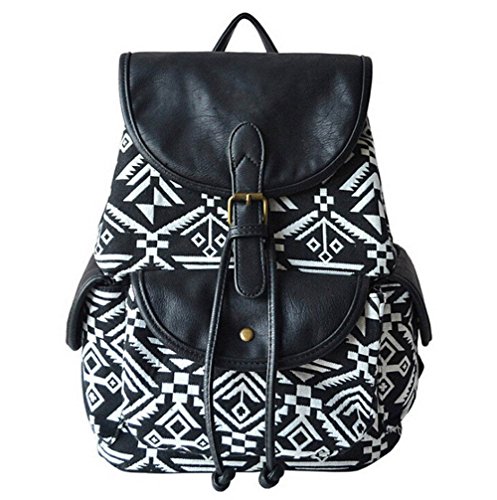 Preisvergleich Produktbild Guran® Damen Mädchen Leinwand Trekking Rucksäcke Reisetasche / Kinder Rucksack -Schwarz Weiß Diamant Und Schwarz PU