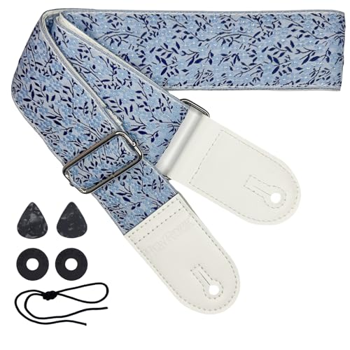 Guitar Shoulder Strap Blue Floral Flower Leaf Jacquard Embroidery Adjustable Electric Acoustic Bass Accessories (1 pc) - Les Beatles, Paul McCartney, John Lennon, RIngo Starr, George Harrison Guitar Shoulder Strap Blue Floral Flower Leaf Jacquard Embroidery Adjustable Electric Acoustic Bass Accessories (1 pc)