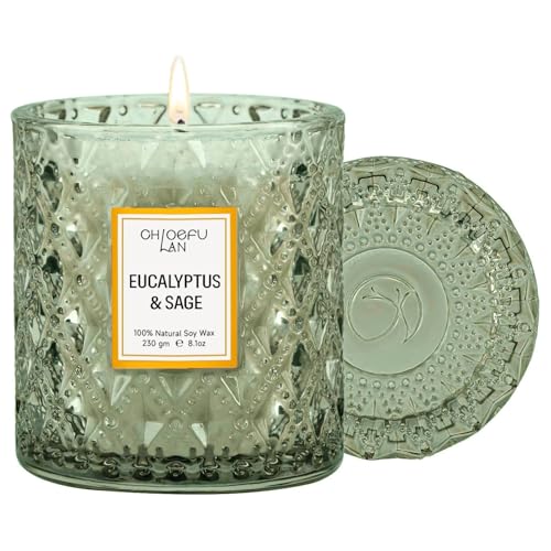 Chloefu LAN Eucalyptus & Sage Scented Candles Luxury Candle with up to 55 Hour Long Lasting Highly Scented 100% Soy Wax 8.1oz Beautiful Candles Ideal for Home Decor and Gifts