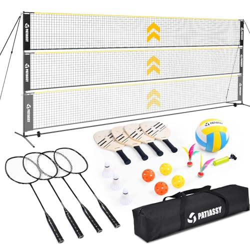 Patiassy Volleyball Badminton Pickleball 3-in-1 Combo Net Set, 5.1-7.4ft Adjustable Height Sports Nets for Backyards, Portable 17ft Outdoor Net with Carry Bag, Rackets and Balls