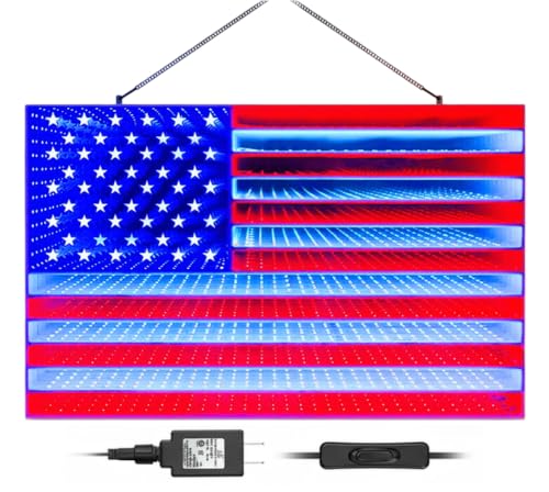 Image of 3D American LED Flag Infinity Mirror Light - 23 inch x 15 inch Patriotic Lighted Window Decoration, Light up Flag for Bedroom, Living Room, Party, Gaming, July 4th, Halloween, Christmas, New Year