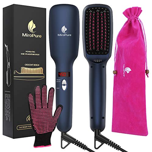MiroPure Upgraded Ceramic Ionic Hair Straightener Brush for All Hair Types with Five Temperature Settings + LED Display + Auto Shut-Off Function for Straightening Hair Beard and Adding Shine, 2m Cord