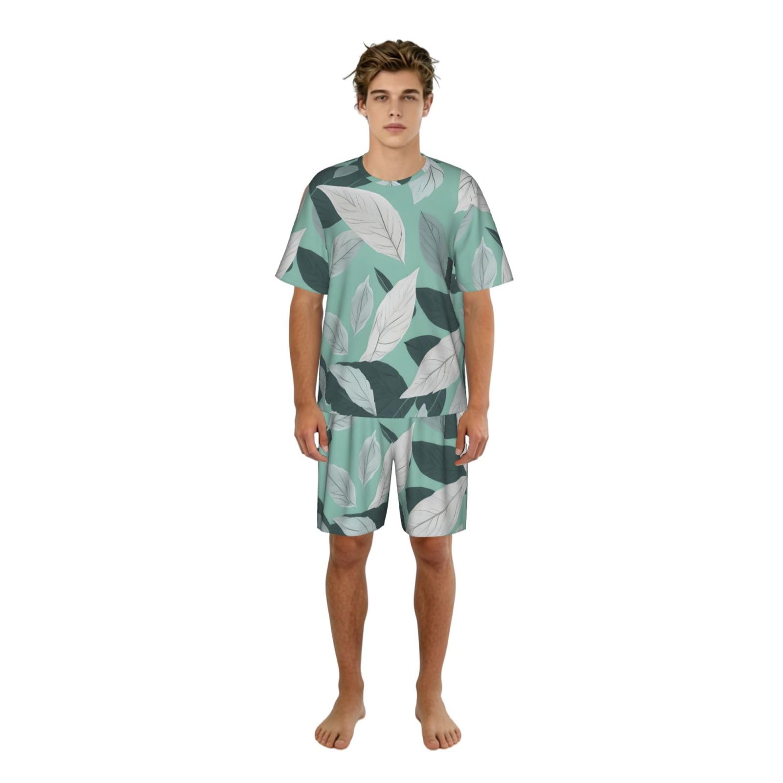 Conjunto de pijama clásico con estampado de hojas grises menta, pantalones cortos de pijama suaves para hombre, perfecto para las noches de verano