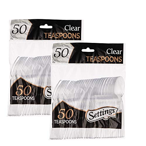 100 Count Settings Plastic Clear Teaspoons Heavyweight Disposable Cutlery Great For Home Office School Party Picnics Restaurant Take-out Fast Food Outdoor Events Or Every Day Use 2 Bags