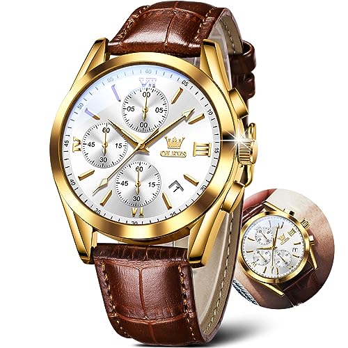 Image of OLEVS Men's Watches Brown Leather with Date,Casual Watches for Men,Large Face Watches Men,Chronograph Mens Watch,Sport Waterproof Business Dress Analog Quartz Men's Wrist Watches Reloj De Hombre