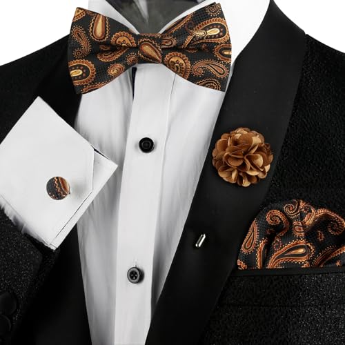 Image of Alizeal Mens 4pcs Vintage Paisley Bow Tie Set | Pre-tied Pocket Square Cufflinks Boutonniere for Wedding Everyday Use