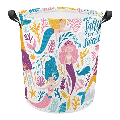 Colorful Mermaid Girl Marine Plants Corals Summer Shark on White Collapsible Waterproof Laundry Hamper, Lightweight Washing Basket Bin Storage Organizer Bucket with Handles for Toys Clothes