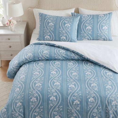 Image of Martha Stewart - Queen Comforter Set, Smooth Sateen Front with Subtle Sheen & Lightweight Cotton Percale Reverse, 3 Piece Bed Set with Matching Pillowcases (Sophia Stripe Blue)