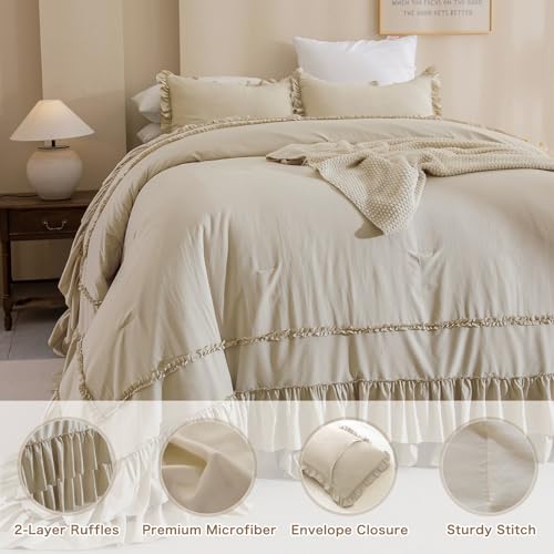 Image of QSH Wheat Oversized California King Bed Comforter Set 128x120, Farmhouse Shabby Vintage Bedding Comforter with Ruffles French Country Comforter Soft Microfiber Fluffy Bedding 3 PCs