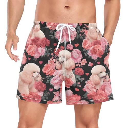 Poodle Rose Flowers Men's Swim Trunks with Liner Quick Dry Beach Shorts Swimwear Bathing Suit S-XXL
