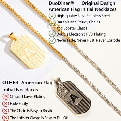DuoDiner Initial Necklace Gifts for Men Boys Kids,A-Z Capital Letter American Flag Dog Tag Necklaces 24 Inches Stainless Steel Mens Jewelry Gifts4
