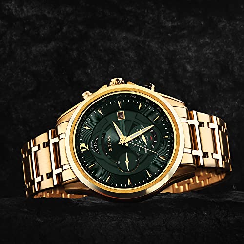 Image of Titan Regalia Premium Quartz Chronograph with Date Forest Green Dial Gold Stainless Steel Strap Watch for Men - NT1830YM02