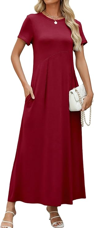 EeYu Women&#39;s Summer Casual Maix Dress Short Sleeve Crew Neck Dress Asymmetrical Waist Dresses with Pockets