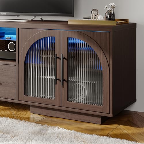 70" TV Stand for 80 Inch TVs, Entertainment Center with LED Lights and Arched Glass Doors, Faux Marble Wood Finish, Adjustable Shelves, Modern TV Cabinet for Living Room, Brown - Image 4