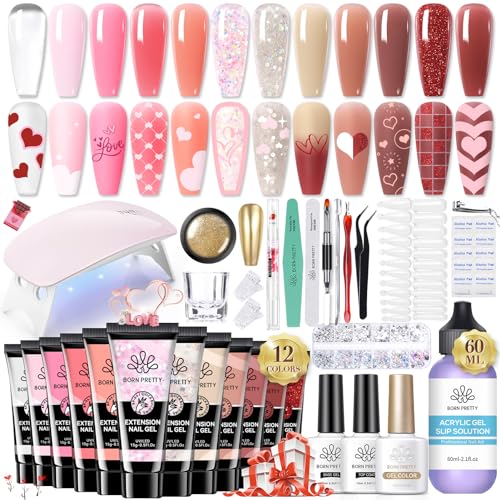 BORN PRETTY Poly Extension Gel Kit-12 Colors Extension Nail Gel Kit Nude Clear Jelly Pink All-In-1 Kit Builder Glue with Nail Lamp Base Top Coat Set Nail Forms French Manicure Ideal Gifts