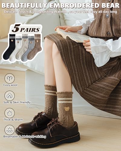Image of IIG Cute Warm Wool Socks for Women Super Cozy Thick Crew Winter Socks Gifts, 5 Pairs