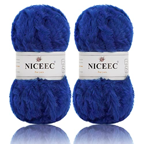 Image of NICEEC 2 Skeins Faux Fur Yarn Super Soft, Chunky & Fluffy, Eyelash Yarn for Crochet & Knitting (Total Length 70yds,3.53oz) - Klein Blue