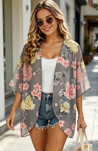 Image of FINOCEANS Womens Floral Chiffon Kimono Cardigans Loose Beach Cover Up Half Sleeve Tops