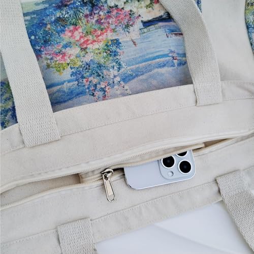 Image of BROADREAM Aesthetic Canvas Tote Bag for Women, Vintage Reusable Book Tote Bag with Inner Zipper Pocket