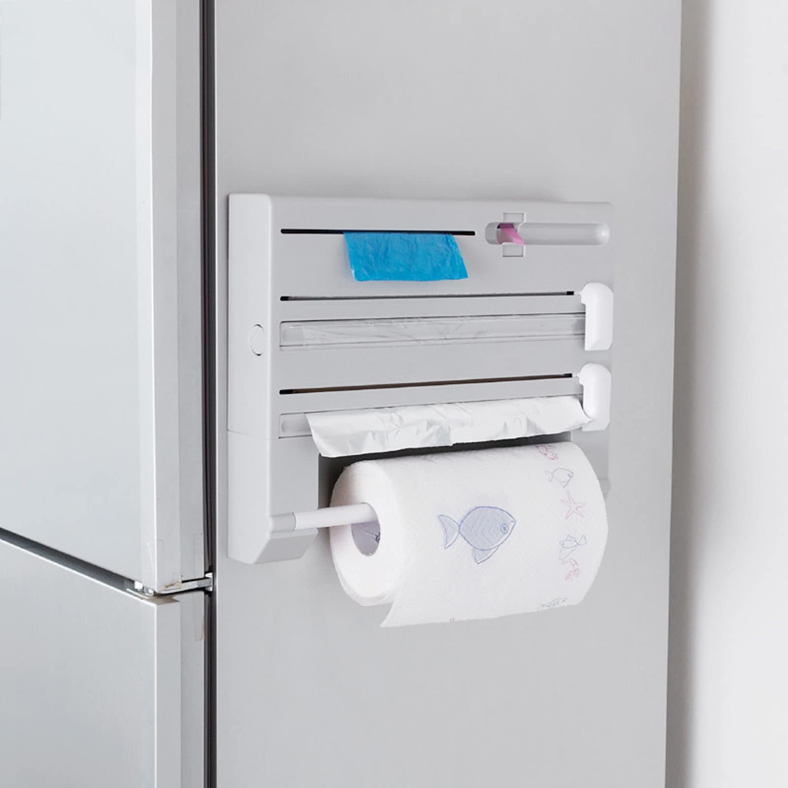 Organisateur d'emballage en plastique 6 en 1 avec coupe-papier, distributeurs de nourriture, machine de découpe d'emballage en plastique non poreux fixée au mur, adaptée aux emballages d'aliments, de