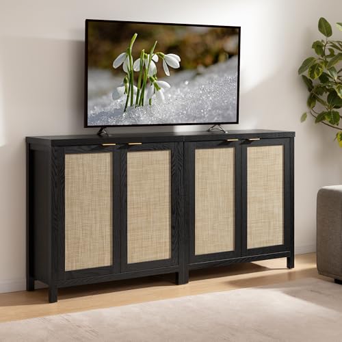 Image of SICOTAS Rattan Sideboard Buffet Storage Cabinet - Boho Credenza Coffee Bar Cabinet with Large Storage, Buffet Console Table for Kitchen Living Room Entryway - Black