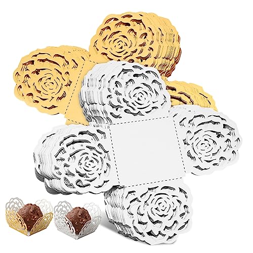 Ipetboom 100Pcs Hollow Rose Flower Edge Chocolate Wrapping Cups Decorative Truffle Liners for Desserts for Weddings Parties and Bakeries Reflective
