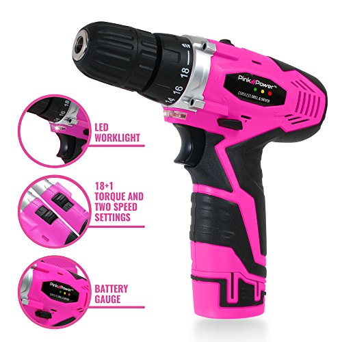 Pink Power Pink Drill Set For Women - 12V Li-Ion Pink Cordless Drill Driver Tool Kit For Women - Electric Screwdriver With Case, Battery, Charger And Bit Set #TOP1