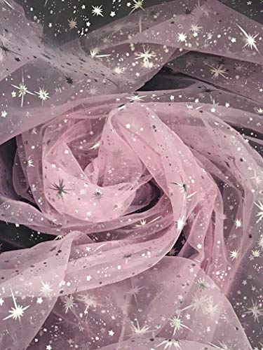 New Creations Fabric & Foam Inc, Foil Star Silver on Pink Sheer Organza Fabric by The Yard