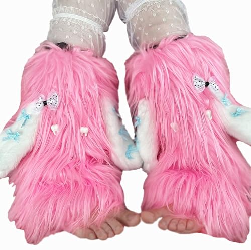 Womens Faux Fur Furry Leg Warmers with Rabbit Ears Lolita Kawaii Gothic Y2k Boot Cuff Cover Cosplay Accessory