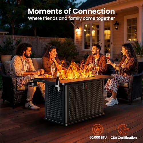 AMADA HOMEFURNISHING 43 Inch Propane Fire Pit Table, 60,000 BTU Gas Fire Pit with Lava Rocks, Waterproof Cover, Removable Lid, Cup Holders, 2-in-1 Fire Table for Patio, Backyard, Garden, Black - Image 3