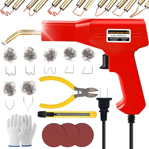 Richcat 80w プラスチック溶接機 カーバンパー修理キット 急速加熱 7種410本の溶接釘付きLED照明付き 自動車 ひび割れ 補修 内側コーナー/外側コーナー/ウェーブステープル 溶接修理