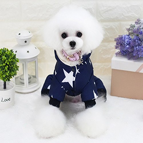 SELMAI Schneeanzug für kleine Hunde, mit Fleece gefüttert, Sternengürtel, Kapuze, Overall, vierbeinige Hose, Wintermäntel, Welpen, Hunde, Chihuahua, Bekleidung, Outfits, Blau, Größe XXL