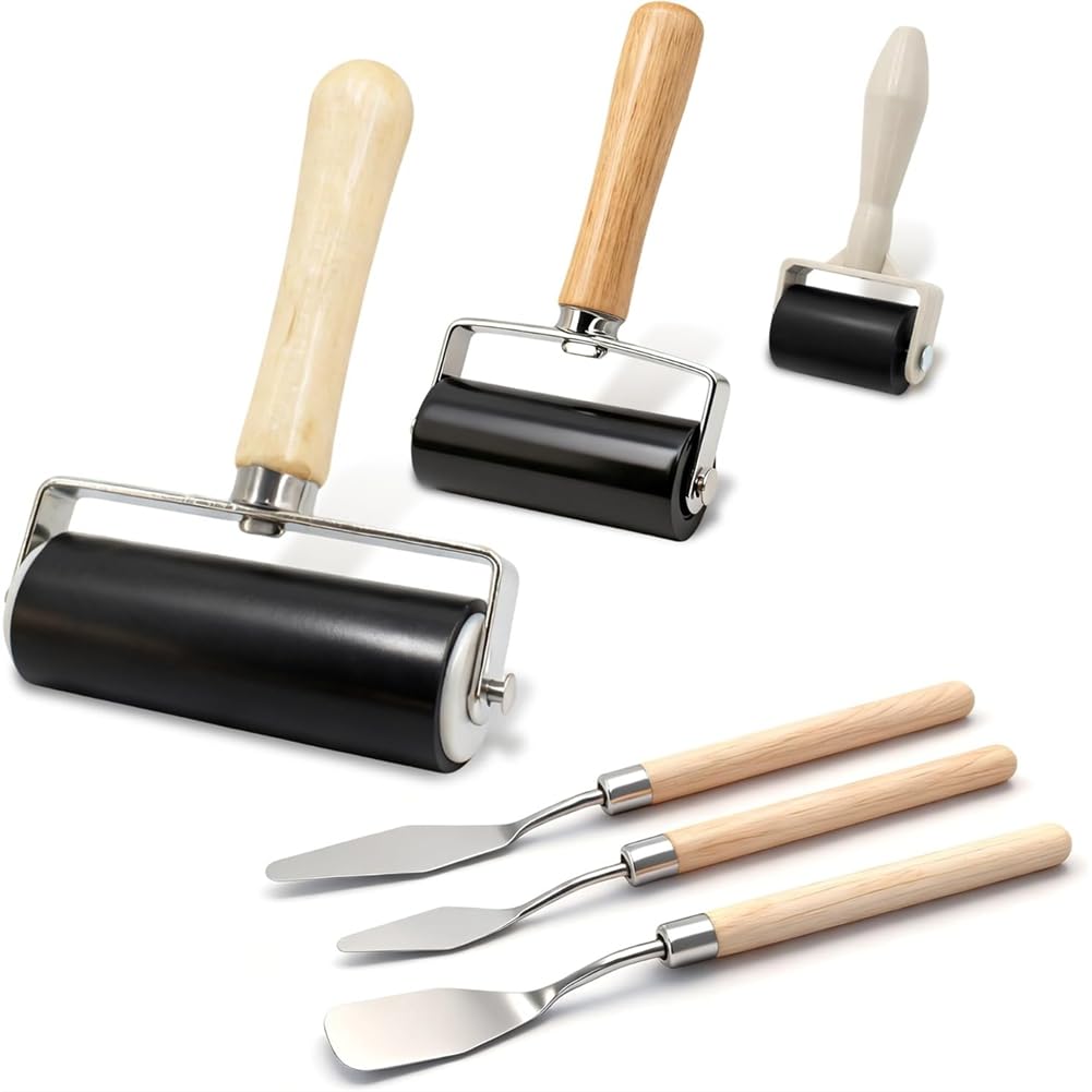 UDSKNV[KSL 6 Pack Rubber Brayer Roller Kit- Includes 3 Sizes Rubber Rollers& 3 Scrapers for Printmaking, Wallpaper, Ink Stamping, Glue, Oil