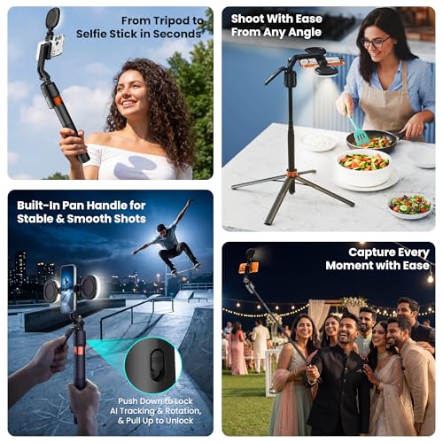 Image of Lifelong Electronics 2-in-1 AI Powered Selfie Stick & Tripod Stand with Auto Face Tracking | Bright Dual Lights | for Phone & Camera | Up to 183CM /6 Feet | Bluetooth Remote | Mobile Stand for Desk