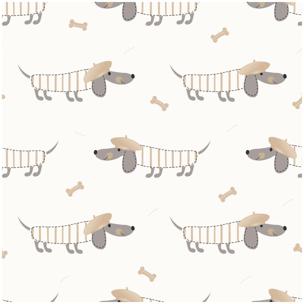 Yöl Beige, White, Grey Sausage Dog Wallpaper With Beret Dachshund Pattern – Cute Neutral Beige And Grey Animal Print Design With Bone Motifs – Playful Nursery, Children’s Bedroom Or Dog Lover Feature Wall Decor