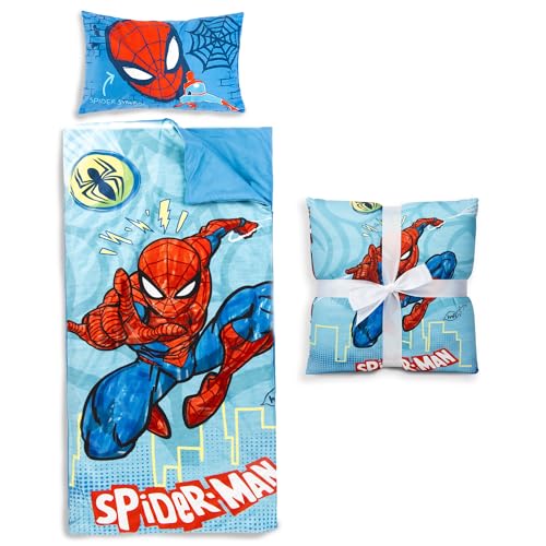 Image of Jay Franco Kids Slumber Bag and Pillow - 54 x 27 Inch Comfy Indoor Sleeping Bag for School and Sleepovers, 2 Piece Set, Blue - Spiderman