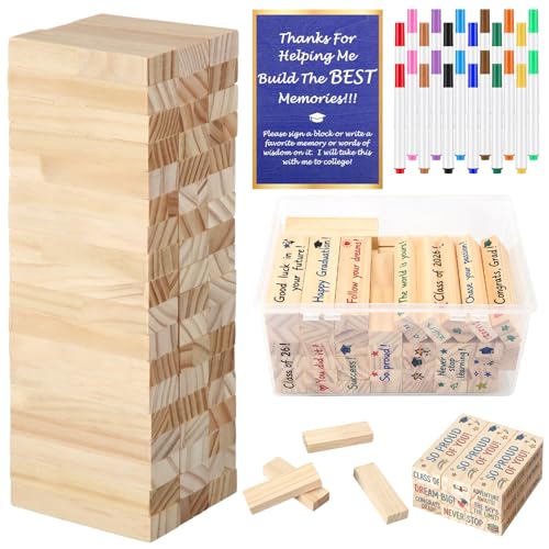 Qunclay 80 Pcs 2026 Graduation Guest Book Alternative Wooden Block Set in Acrylic Storage Box 54 Wood Blocks 24 Signature Pens 1 Grad Ornament Graduation Sign-in Memory Kit Party Favors Decor (Blue)