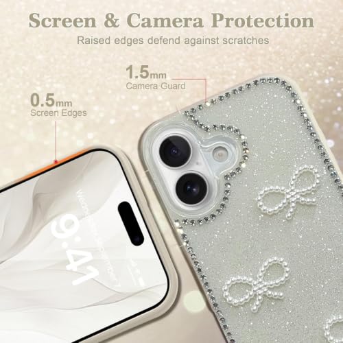 Image of DIZORO Compatible with (iPhone 17 Case)(2025), Luxury Diamond Cute with Bow Glitter Bling Case with Full Camera Protection Shockproof PC+TPU Glossy Shiny Back Cover Case for Girls Women (White)