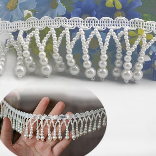 Kuasting 3 Yards Pearl Bead Tassel Lace Ribbon Applique Pearl Fringe Tassle Beaded Lace Ribbon Sewing Clothing Edge Curtain for Sewing, Wedding, Bridal Dress, Sash, Belt, Headwear, Curtain (White)