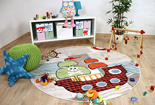 Savona Kinder Teppich Kids Piratenschiff Beige Bunt Rund in 3 Größen