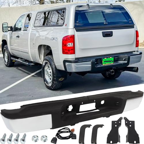 Rear Steel Step Bumper Assembly for 2011-2014 Chevy Silverado/GMC Sierra 2500 3500 HD without Park Sensor Holes Chrome Back Bumper Replacement for GM1103164 with Pads Brackets and License Plate Lights