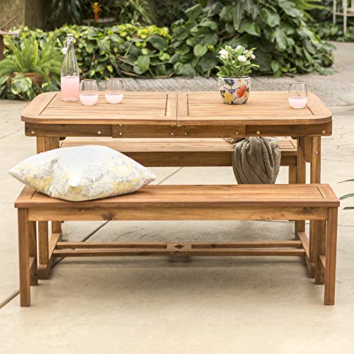 Walker Edison Maui Modern 3 Piece Solid Acacia Wood Slatted Patio Dining Table And Bench Set, Set Of 3, Brown #TOP1
