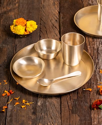 Image of Pure Kansa Dinner Set 5 Pieces | Bronze Thali Set 12 Inch Plate, 2 Bowls, 1 Glass, 1 Spoon | Handcrafted Ayurvedic Kansa Utensils | Matte Finish | Gift for Diwali Wedding Housewarming