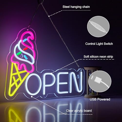 Image of Ice Cream Open Neon Sign for Wall Decor Dimmable Business Store Drink Shop LED Neon Light USB Powered Neon Art Signs Decor