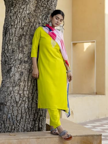 Image of Naixa Women's Viscose Embroidered Straight Kurta with Pant and Dupatta Sets (NK-440)