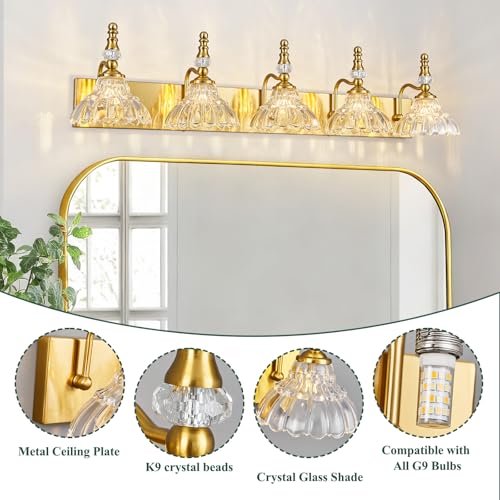 LBSQJ Vintage Bathroom Vanity Light, 5-Light Gold Vanity Lighting Fixture with Flower Glass Shade, Bathroom Lighting Fixtures Over Mirror by LBSQJ - Used condition - Image 3
