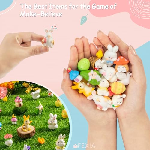 Image of FEXIA Easter Bunny Miniature Figurines 30Pcs Mini Resin Figurines Rabbit & Gnome Miniatures, Perfect for Easter Party Gifts Dollhouse Fairy Garden Landscape Home Decor Egg Stuffers DIY Crafts Decor